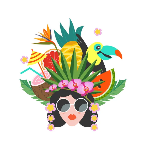 Hola Summer Ilustración Colorida Brillante Del Verano Una Hermosa Chica — Vector de stock