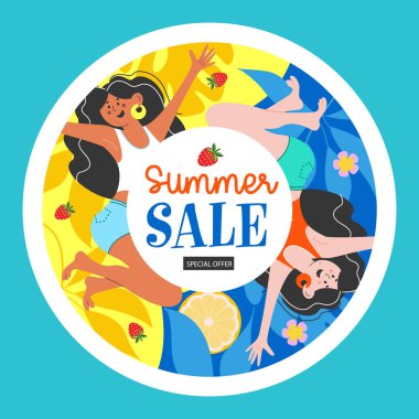 Yuvarlak etiket. Mevsimlik satış için parlak bir yaz etiketi şablonu. Komik bronzlaşmış kızların vektör çizimi.