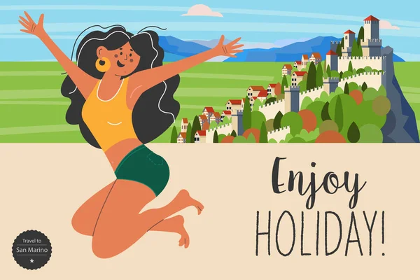 Reizen Vakantie Gelukkig Meisje Reist Naar San Marino Vector Illustratie — Stockvector