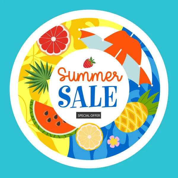 Label Bright Summer Label Template Seasonal Sale Vector Illustration Juicy — Stock Vector