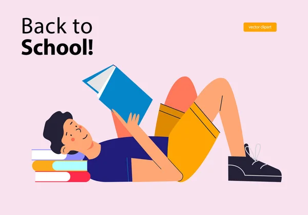 Back School Guy Blue Shirt Yellow Shorts Lying Reading Book — Stock Vector