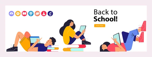 Back School Template Banner Landing Page Group Guys Tablets Different Stock Illustration