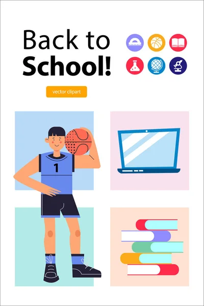 Back School Poster Template Set Vector Cliparts Guy Basketball Player — Stock Vector