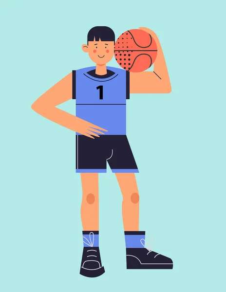 男はバスケットボール選手です スポーツの制服を着た男がバスケットボールをしている ベクターイラスト — ストックベクタ