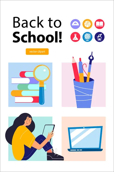 Back School Poster Template Set Vector Cliparts Books Magnifying Glass Royalty Free Stock Illustrations