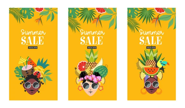 Літній Продаж Набір Яскравих Барвистих Плакатів Сезонного Продажу Красиві Дівчата Векторна Графіка