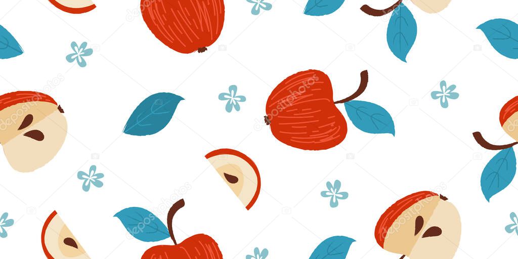 Seamless pattern with fruits. Red apples. On a white background. For printing on fabric, paper. Cute rustic pattern.