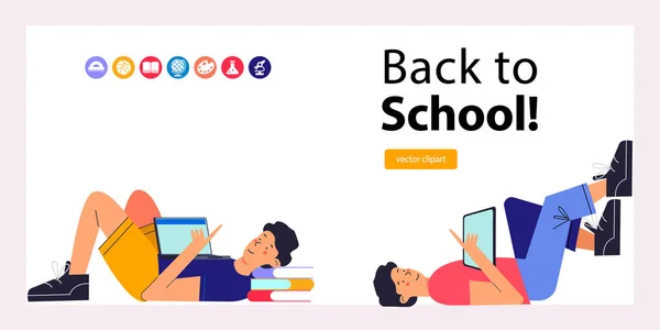 Back School Colorful Banner White Background Two Guys Different Poses — Stock Vector