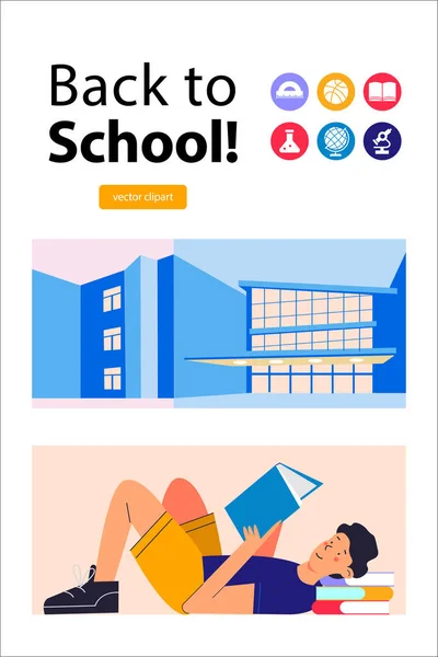 Back School Poster Template Set Vector Cliparts School Building Guy — Stock Vector