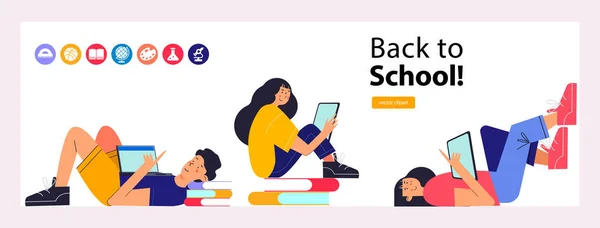 Back School Template Banner Landing Page Group Guys Tablets Different — Stock Vector