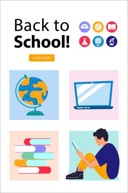 Okula dönelim. Poster şablonu. Bir vektör kümesi. Bir adam kitap, bir yığın kitap, bir küre ve bir dizüstü bilgisayar okuyor. Vektör illüstrasyonu.