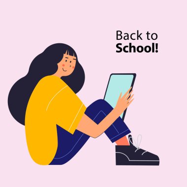 Okula dönelim. Sarı tişörtlü, mavi pantolonlu ve siyah spor ayakkabılı esmer bir kız elinde bir tablet tutuyor. Vektör illüstrasyonu.