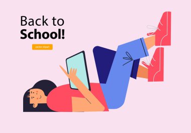 Okula dönelim. Pembe tişörtlü, mavi pantolonlu, pembe ayakkabılı esmer bir kız tablet okuyor. Vektör illüstrasyonu.