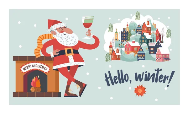 サンタはワイングラスを乾杯した 雪は静かに降る 小さな居心地の良い雪が町を覆った 新年とクリスマス ベクトルクリスマスカード — ストックベクタ