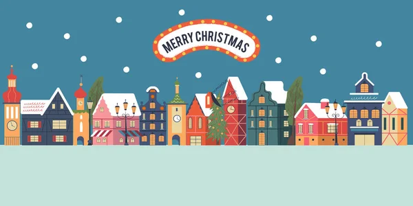 Frohe Weihnachten Nacht Schneebedeckte Stadt Schneefall Weihnachtskarte Mit Vector Grußkarte — Stockvektor