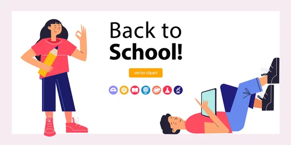 Back School Template Banner Landing Page Guy Lying Reading Reader Royalty Free Stock Illustrations