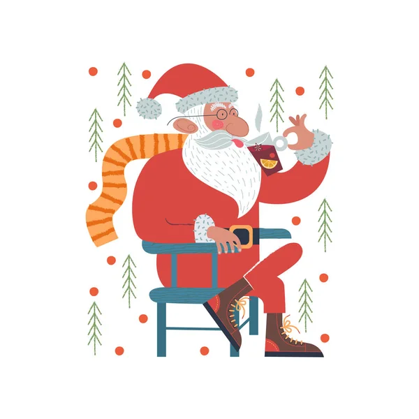 Santa Claus Striped Scarf Sitting Chair Drinking Mulled Wine Vector Vector Graphics