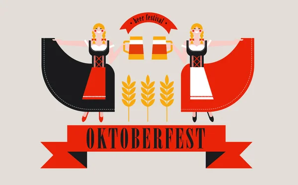 Oktoberfest Pivní Festival Německu Německé Blondýnky Národních Kostýmech Pivním Džbánem — Stockový vektor