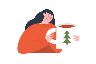 Elinde bir kupa çayla hoş bir kız. Beyaz zemin üzerinde düz bir şekilde Noel rahat vektör illüstrasyonu.