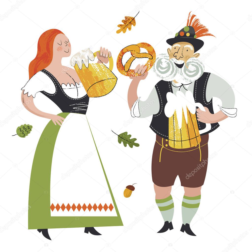 The traditional Oktoberfest beer festival. A girl and an old man in national costumes are drinking beer. Vector illustration.