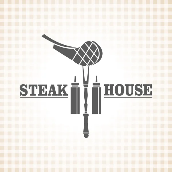 A Steakhouse. Vector monochrome logo. Steak with bone on the plu — Stock Vector