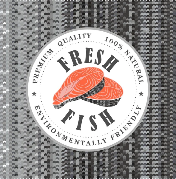 Pesce fresco, timbro, logo su uno sfondo di squame di pesce — Vettoriale Stock