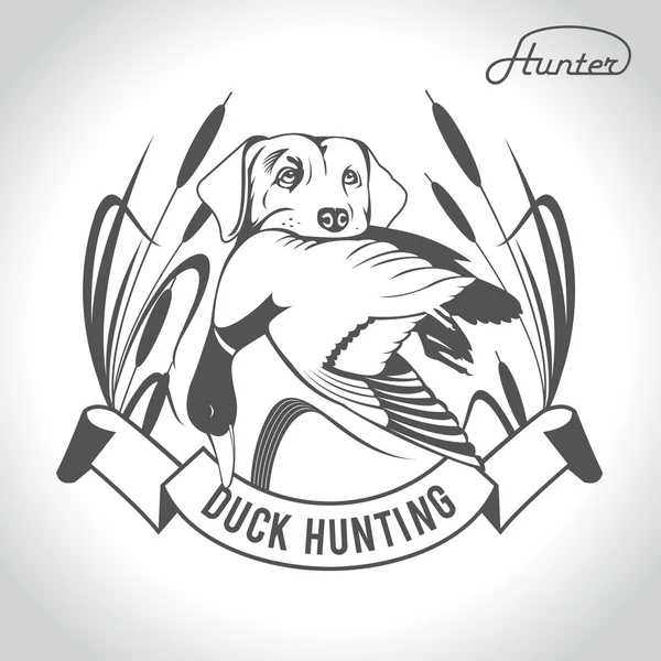 Caça logotipo cão de caça com um pato selvagem em seus dentes e desig —  Vetores de Stock