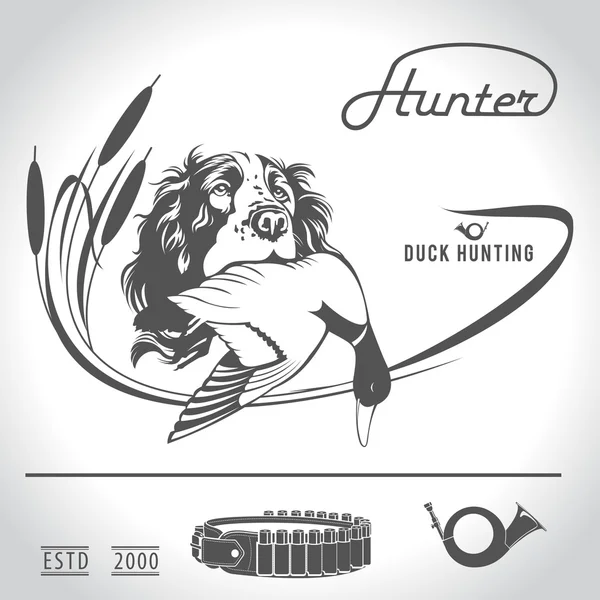 Logo de chasse chien de chasse avec un canard sauvage dans les dents et le désir — Image vectorielle