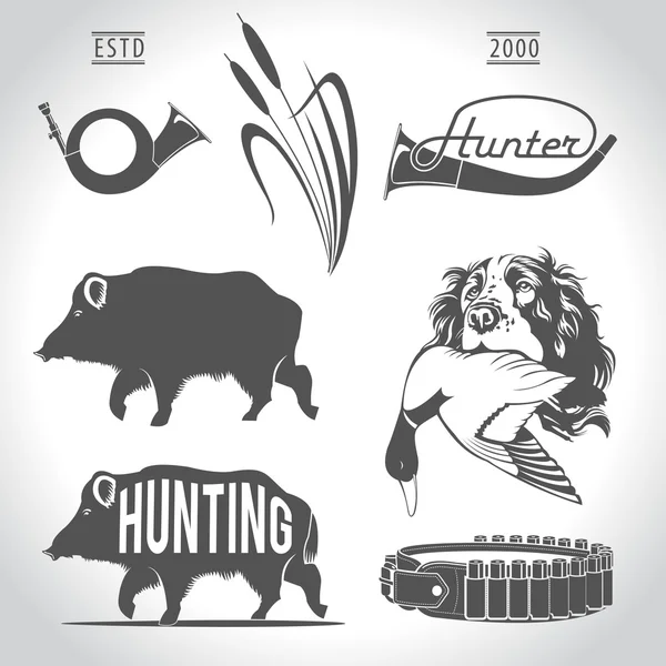 Hunting, design elements. Boar, wild duck, bandolier, hunting do — Stock Vector