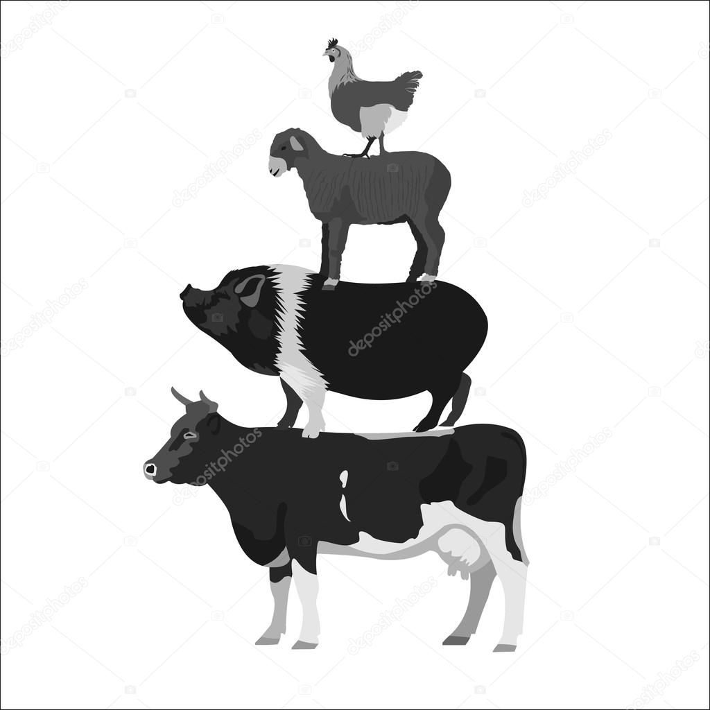 Animals farm. Cow, horse, lamb, chicken. Monochrome vector illus