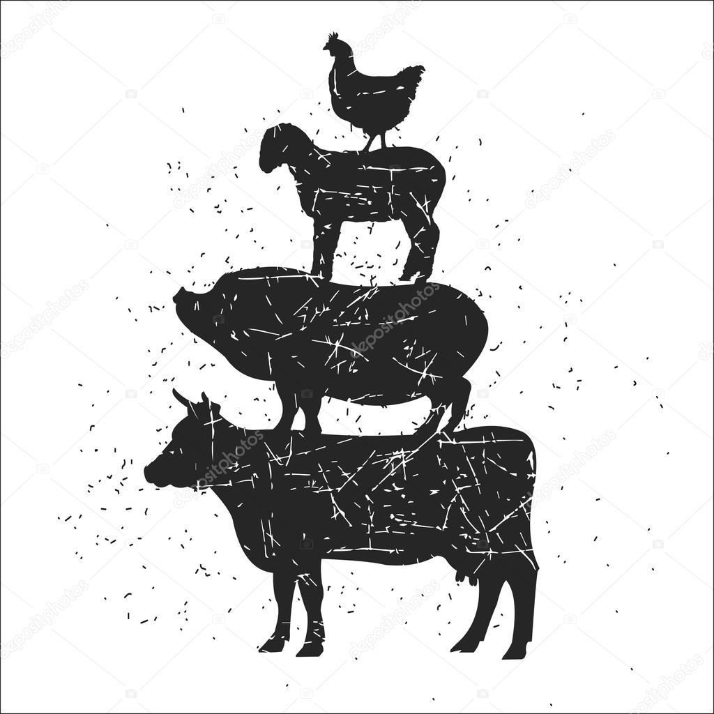 Dirty hand-drawn poster, farm animals. Cow, pig, lamb and chicke