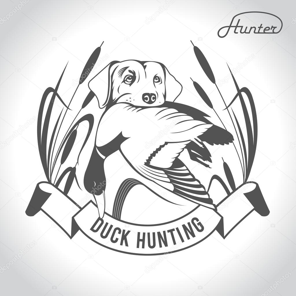 Hunting logo hunting dog with a wild duck in his teeth and design elements. The outfit of the hunter.
