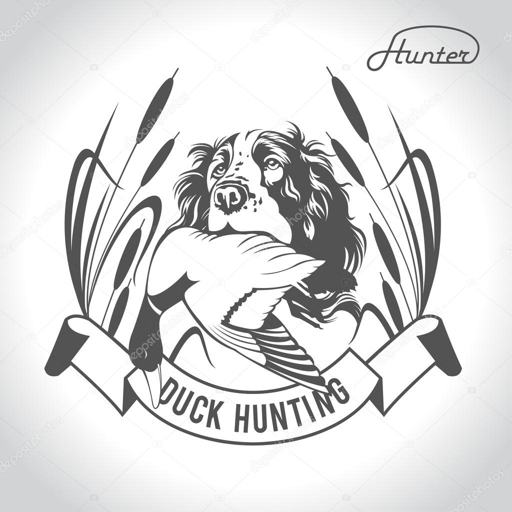 Hunting logo hunting dog with a wild duck in his teeth and design elements. The outfit of the hunter.