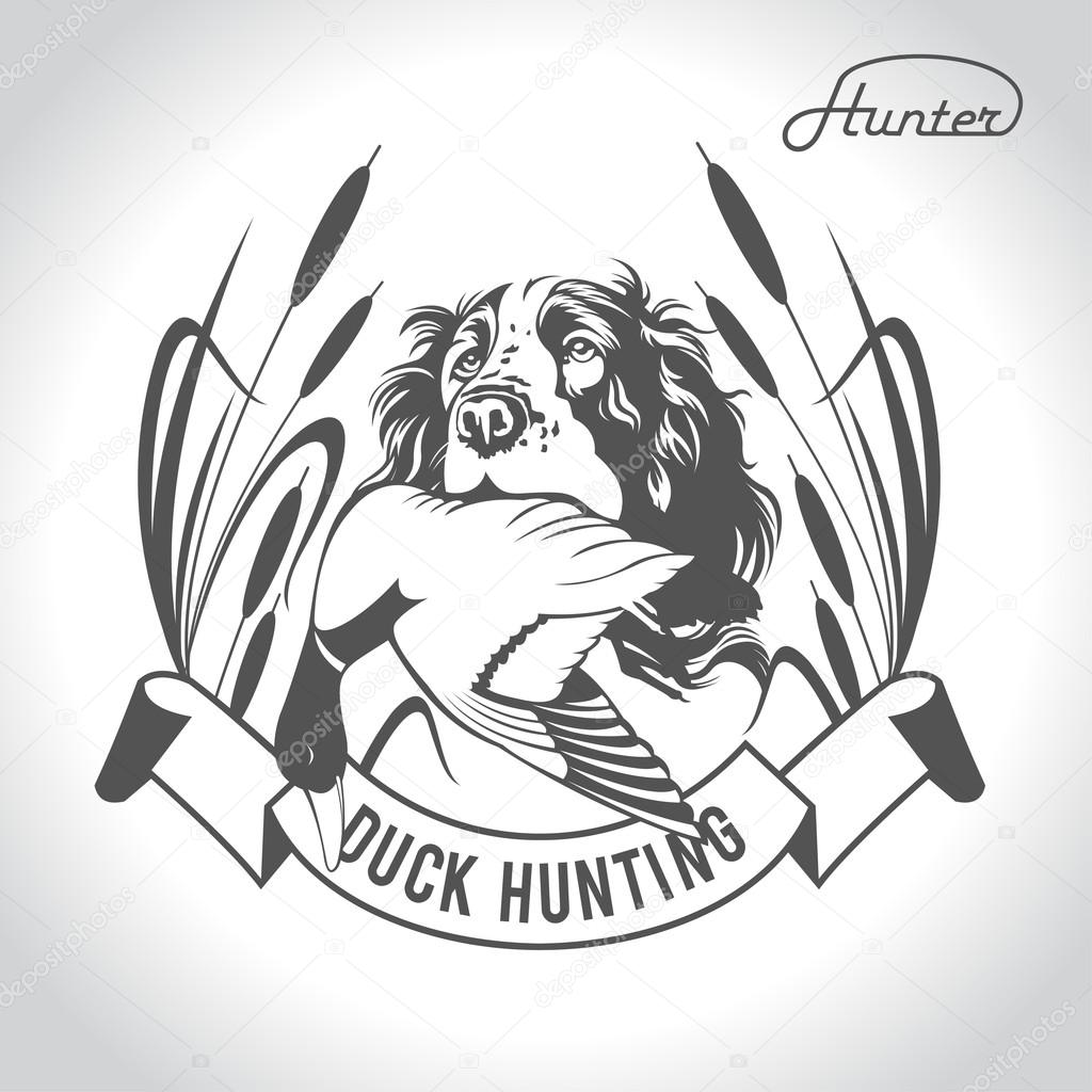 Hunting logo hunting dog with a wild duck in his teeth and desig