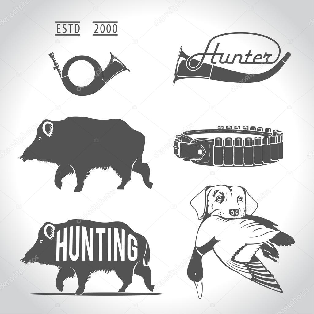 Hunting, design elements. Boar, wild duck, bandolier, hunting do