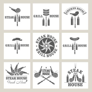 Barbekü ızgarası set. Logolar, restoranın menüsü tasarım unsurları.