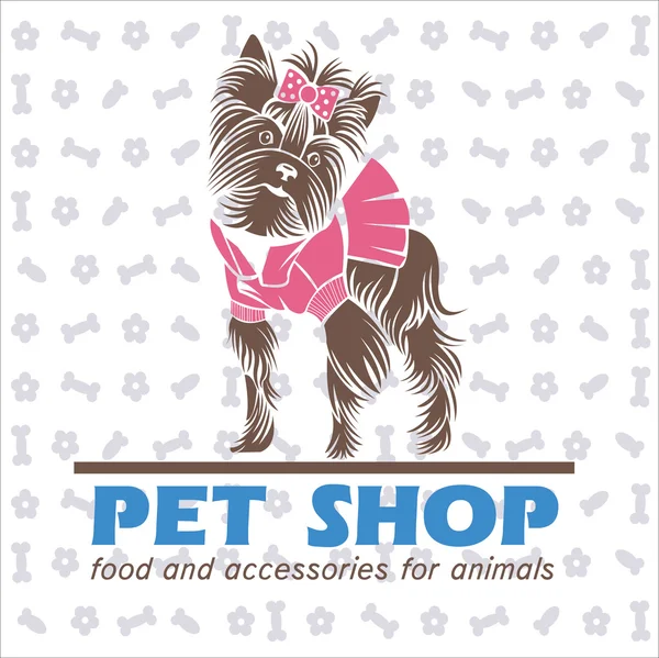 De hond, een Yorkshire Terriër in een roze pak, vector logo, huisdier pr — Stockvector