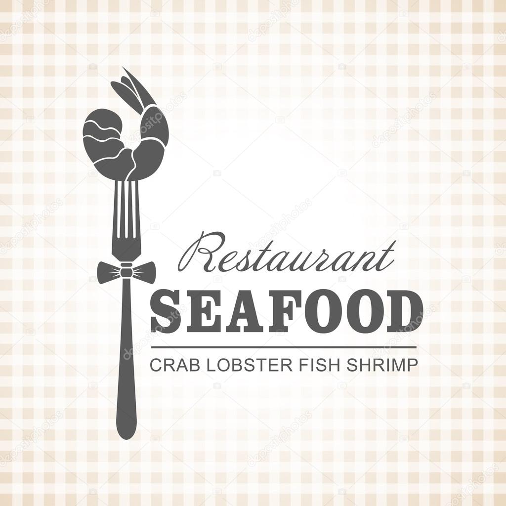 Restaurant, fish dishes, seafood. Shrimp on a fork. Vector logo.