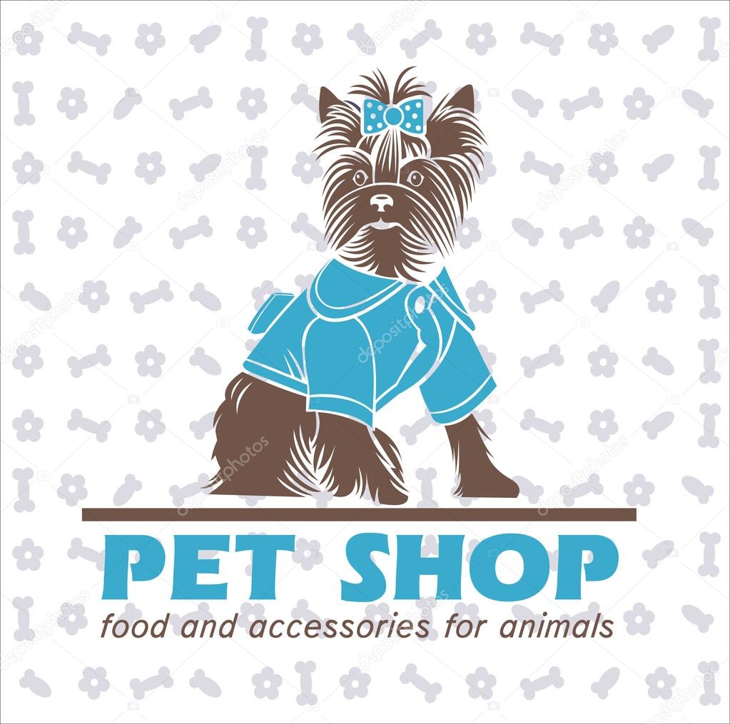 The dog, a Yorkshire Terrier in a blue suit, vector logo, pet products