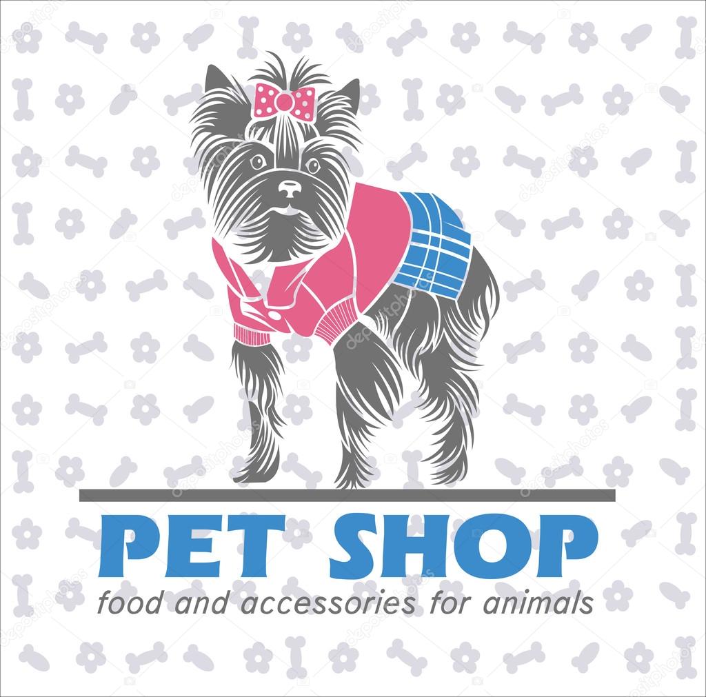 The dog, a Yorkshire Terrier in a pink suit, vector logo, pet products