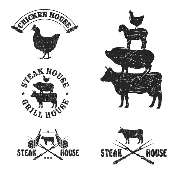 Set ristorante grill, steak house. Etichette vettoriali, logo nero a — Vettoriale Stock