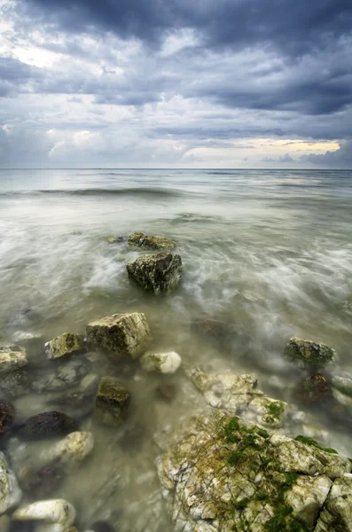 Dramatik kara bulutlar ile kıyı şeridi boyunca yosunlu kayalar — Stok fotoğraf