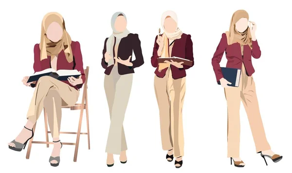 Diferentes Poses Conjunto Vector Ilustración Joven Mujer Negocios Pie Vestido — Vector de stock