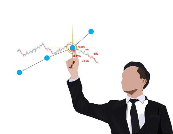 ビジネスと金融の株式市場の概念のベクトル図 仮想背景にボタンを押す若いビジネスマン — ストックベクタ