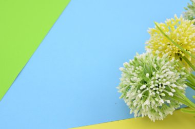mavi ve sarı bir arka plan ile yapay yeşil ve sarı flowe