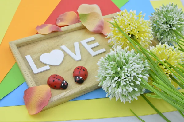 Weißes Wort und Liebessymbol auf buntem Hintergrund. Rechts eine grüne, gelb-weiße Kunstblume. roter Marienkäfer und Blütenblatt am Boden — Stockfoto