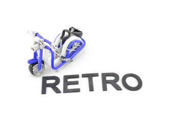 Beyaz, siyah ve mavi tel izole kelime retro beyaz arka plan ile sol üst yerleştirilen görüntü farkı pozisyon Önden Görünüm mini scooter yapılmış