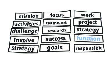Word cloud concept made from paper cut with black border with function word on blue colour. isolated white background