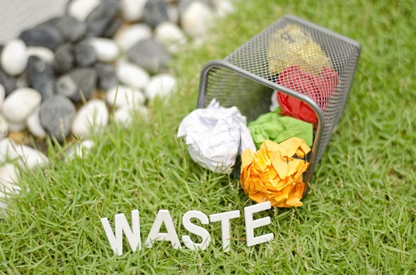 Alphabet word WASTE made from wood on grass. ball paper and meta — Stock Photo, Image