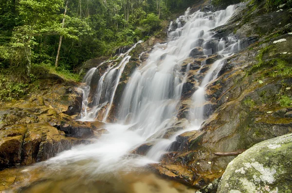 Impresionante flujo de cascada de la colina, rocas húmedas y verde musgoso — Foto de Stock